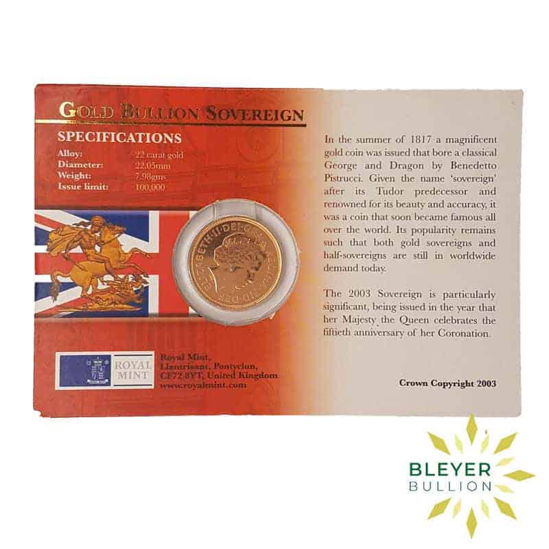 Bleyers Coin UK Gold Sovereign 2003 – Coronation Anniversary Year Back