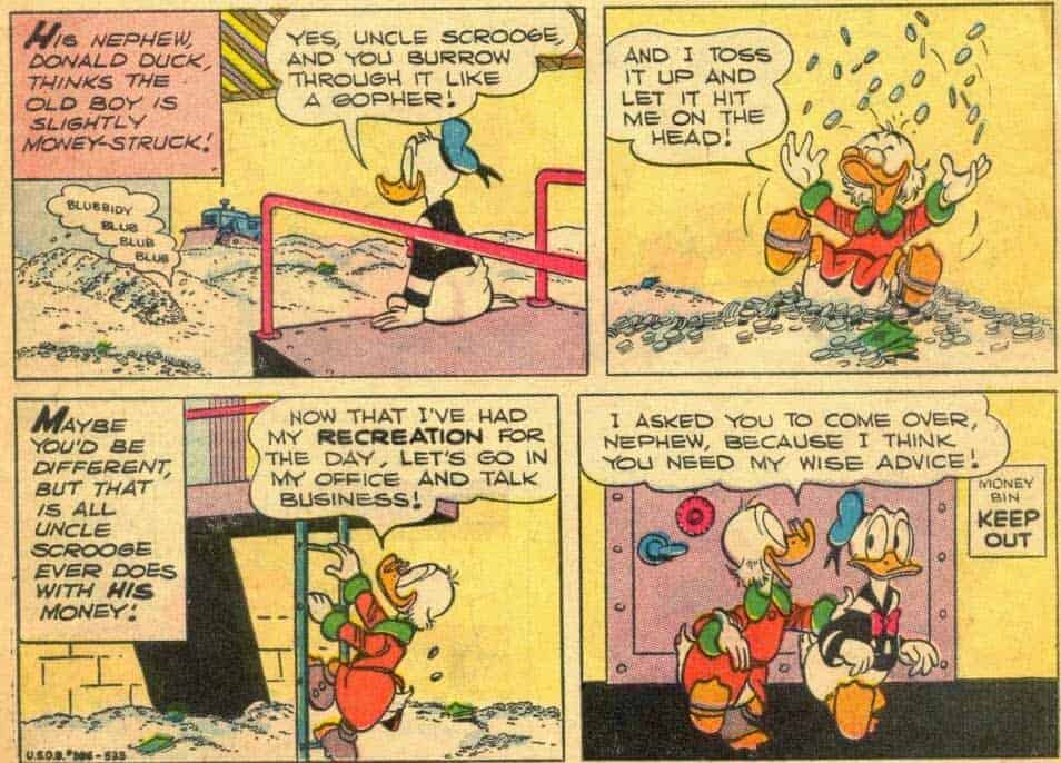 Comic strip when Scrooge talks to Donald Duck